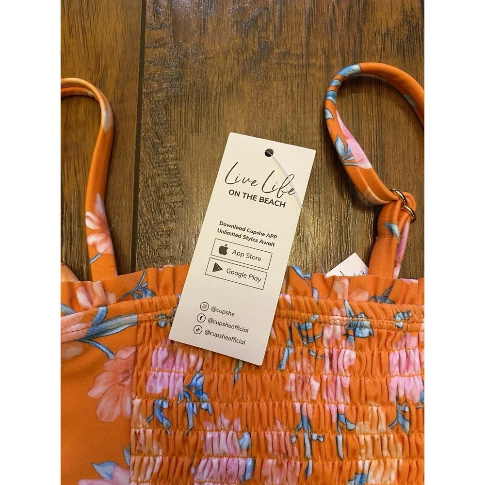 NWT Cupshe Bathing Suit Swimsuit Girls One Piece Orange Floral Ruched Size 4